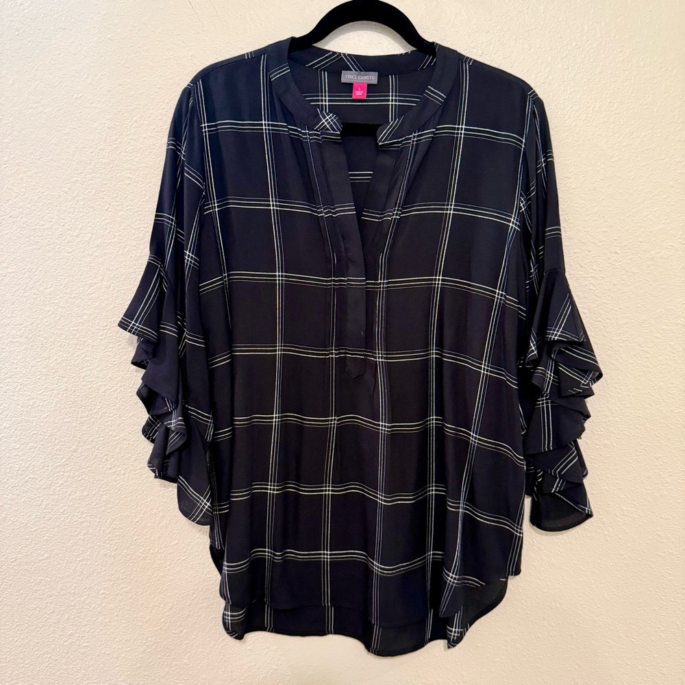 Vince Camuto Plaid Ruffle Sleeve Blouse
